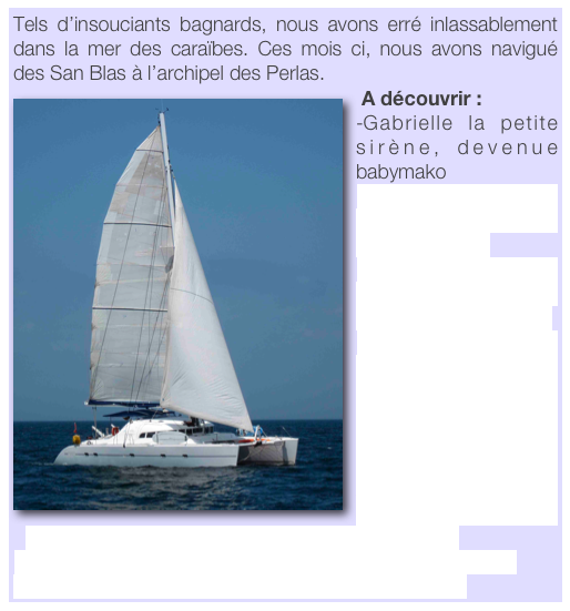 Tels d’insouciants bagnards, nous avons erré inlassablement dans la mer des caraïbes. Ces mois ci, nous avons navigué des San Blas à l’archipel des Perlas.￼
 A découvrir :
Gabrielle la petite sirène, devenue babymako
Lola, reine aux pieds nus, dans les vagues et dans le vent
Le séjour de Pascal (encore lui, et cette histoire n’est pas finie).
La traversée du canal de Panama qui nous mène après 20 heures de divagations-navigations sur un nouvel océan; Accouchement, expulsion qui enterre le volume I et inaugure le volume II de notre voyage.
L’archipel des Perlas, première escale dans le Pacifique.
- Toujours des anecdotes dans nos pages de brèves